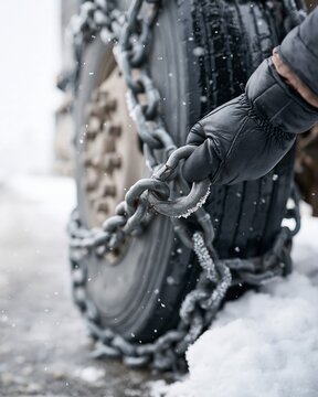 Close up of gloved hand securing metal snow chains on vehicle tire during heavy winter snowfall