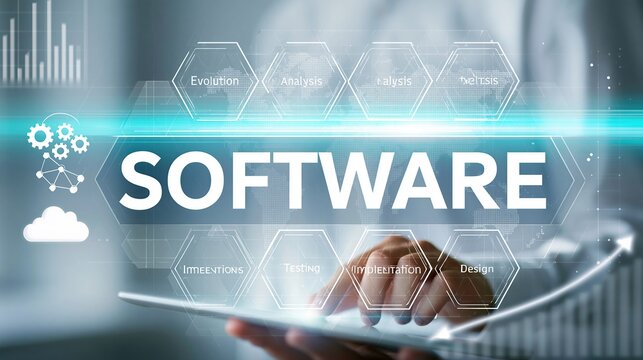 Hand interacting with digital software interface displaying evolution analysis testing implementation design icons and charts on futuristic screen