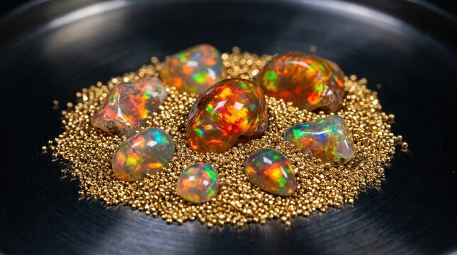 Vibrant Fire Opal Gemstones Displaying Fiery Play of Color on a Bed of Gold Beads