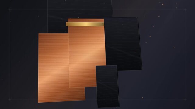 Abstract metallic bronze and black rectangles floating with golden light particles