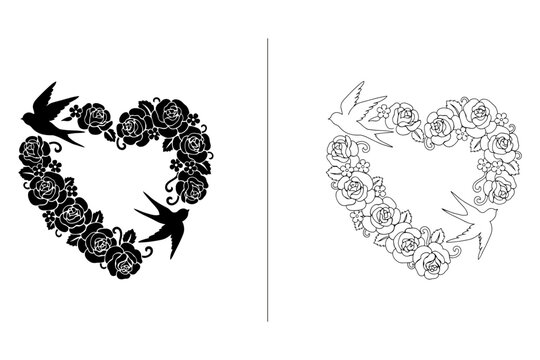 Heart shaped floral wreath with swallows, silhouette and outline