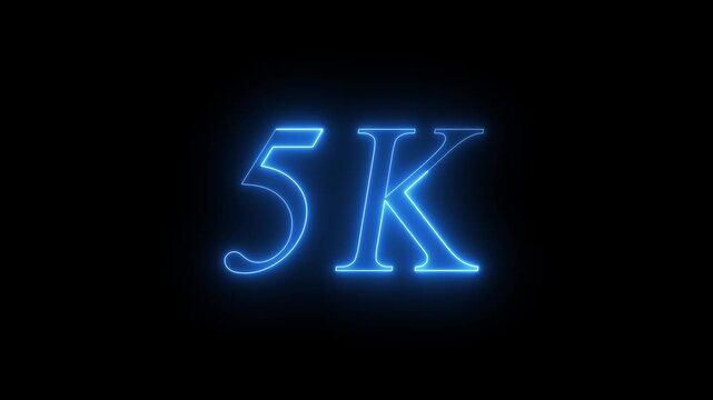 Glowing Purple Neon 5K Followers Social Media Milestone Celebration Text Overlay Animation Isolated on Dark Black Background - Futuristic 5000 Subscribers Achievement Counter Graphic Element