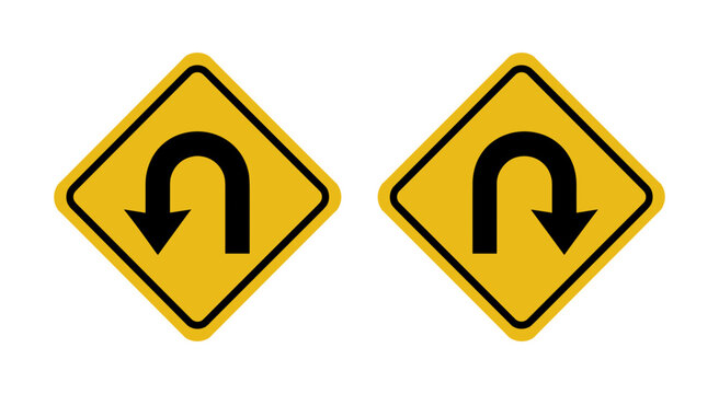 U-Turn Road Signs. Two yellow diamond-shaped road signs displaying a black U-turn arrow indicate a mandatory turn around maneuver.