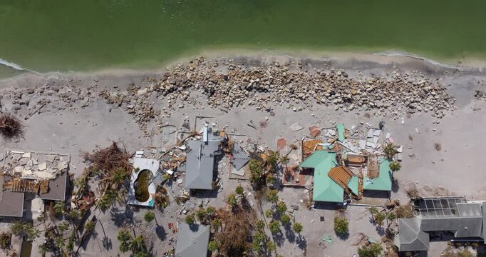 Storm surge severe damage to waterfront houses after hurricane Milton in Englewood, Florida. Destroyed homes on gulf coast.