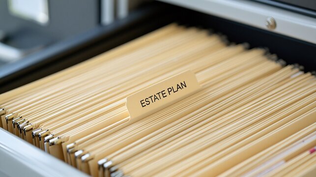 Close-up view of a file drawer containing numerous beige folders with one labeled estate plan prominently displayed.