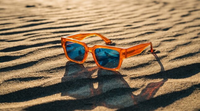 Sunlit Mirage: Orange Sunglasses on Sculpted Sand