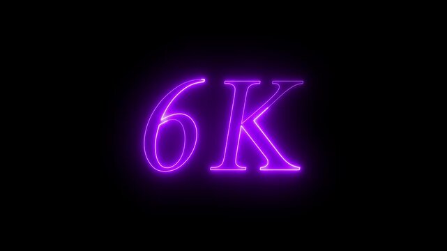 Glowing  Purple Neon 6K Followers Social Media Milestone Celebration Text Overlay Animation Isolated on Dark Black Background - Futuristic 6000 Subscribers Achievement Counter Graphic Element