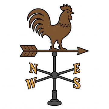 Vintage brown rooster weather vane showing directional markers on a white background. This flat graphic is suitable for weather app designs, rustic decor themes, and farm branding layouts.