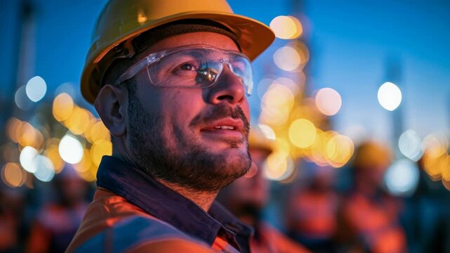 Smiling industrial worker in a yellow hard hat and safety glasses at an energy facility with coworkers and machinery in the background
