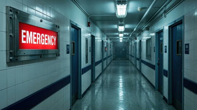 Emergency sign on a hospital corridor wall