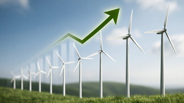 Green energy wind turbines on grassy hill with rising arrow graph against blue sky representing growth