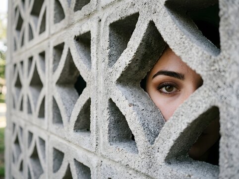 Woman eye peeking through geometric concrete breeze block ventilation wall outdoor architecture detail