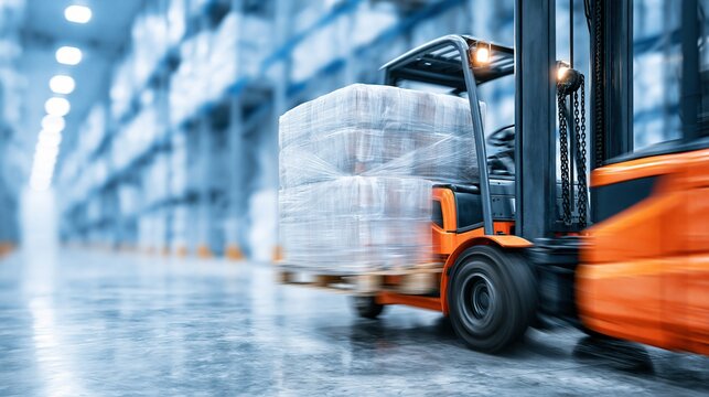 Orange forklift transporting wrapped pallets through a large industrial warehouse with motion blur