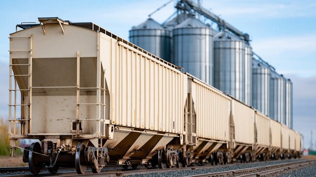 Beige freight train cars parked on railway tracks with large metal grain silos standing in the background under a bright blue sky
