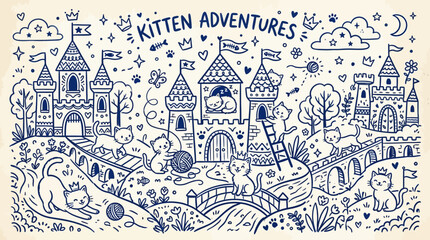 Naklejka premium Kitten castle adventures line art doodle illustration vector landscape 