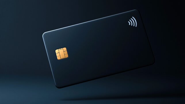 Floating black credit card with gold chip and contactless symbol against dark blue background