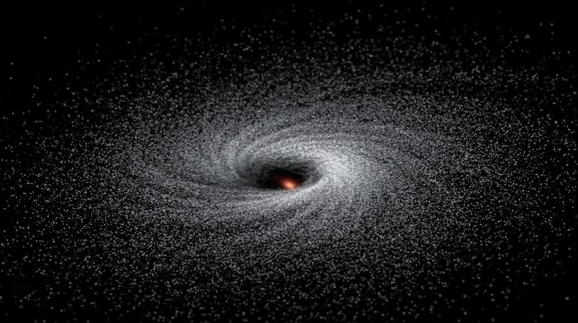 Abstract visualization of a swirling black hole with glowing orange center surrounded by dense starfield in deep space
