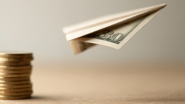 Paper airplane made from dollar bill flying over stack of gold coins on wooden surface