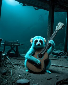 A  spirit veiled pygmy slow lori  ai-generated, fantasy animal, in open terrain playing a guitar.