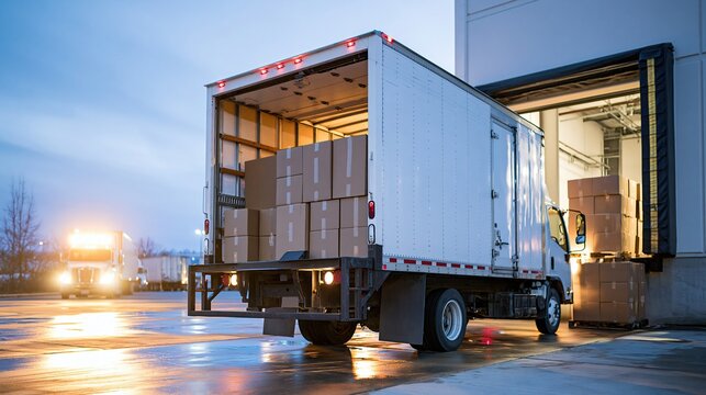 White delivery truck parked at warehouse loading dock with cardboard boxes inside and another truck in background during twilight