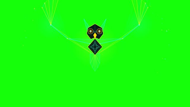 Glowing geometric owl animation flapping wings against a vibrant green background