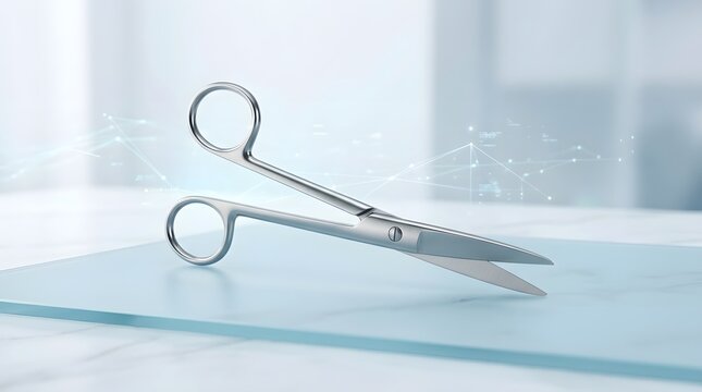 A single stainless steel medical instrument scissor lying on a clean glass surface in a bright hospital