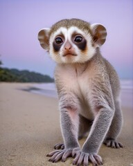 Fototapeta premium A young baby pygmy slow loris ai-generated, fantasy animal, on a beach stretch