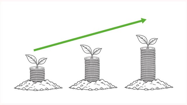 Animation of a Financial growth concept with stacked coins, sprouting plants and rising green arrow indicating investment profit