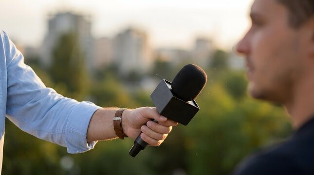 Journalist holding microphone interviewing man outdoors with blurred city building background sunset