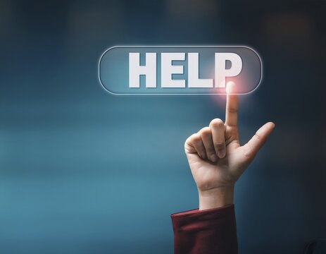 Hand point at an illuminated 'Help' button against a dark background with digital hexagonal patterns. Signifying technology, assistance, and innovation, AI generated