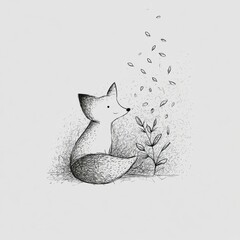 Naklejka premium A fox beside a small plant among scattered leaf sketches. The style is minimal and hand-drawn.
