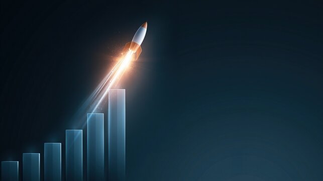 A rocket launches upward over ascending blue bar chart graph symbolizing growth and success against dark background