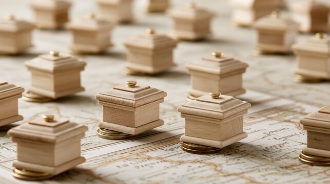 Miniature wooden houses resting on gold coins atop an antique map, symbolizing real estate investment and property wealth.