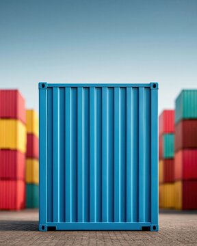 Blue shipping container standing in a port yard with stacks of colorful cargo boxes under a clear sky