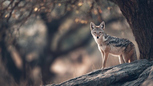 Alert jackal standing on rocky outcrop amidst muted forest scenery