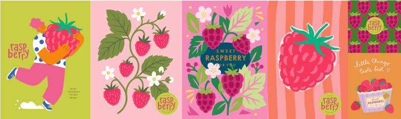Obraz na płótnie Canvas Raspberry. Vector cute whimsical illustrations of a berries, playful girl character, botanical branch, logo. seamless pattern with raspberries, basket for label, card, background, packaging, poster