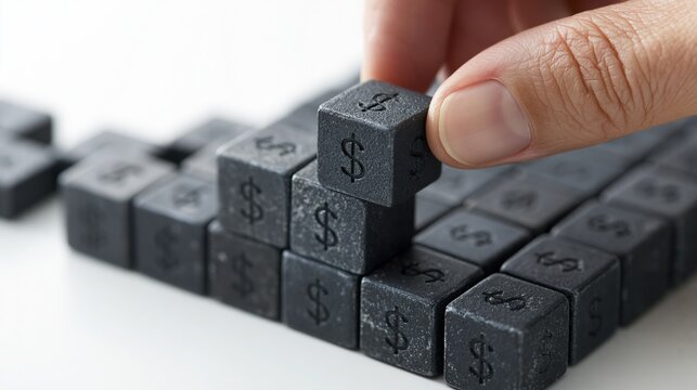Hand placing gray dollar sign cubes on white surface representing financial planning or investment strategy