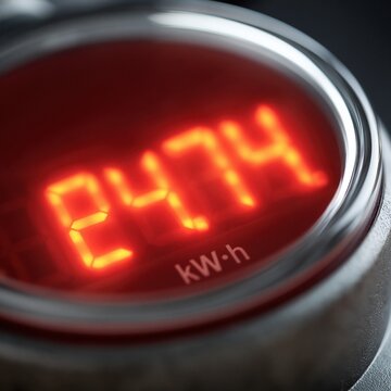 Close-up of a digital electricity meter displaying red led numbers and kilowatt hour unit on dark casing