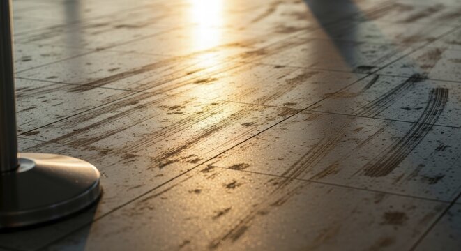 Tiled floor with sunlight and reflections creating shadows, AI generated