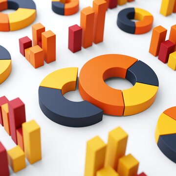 Colorful three-dimensional bar and pie charts arranged on a white surface representing data analysis and business statistics