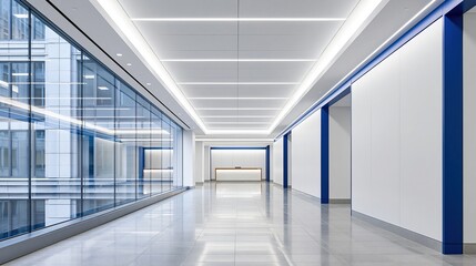 Fototapeta premium Modern corporate hallway with blue accents and reflective flooring leading to a reception desk under bright ceiling lights