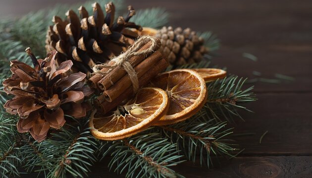 Sustainable eco-friendly Christmas decorations with pinecones, cinnamon and spruce branches