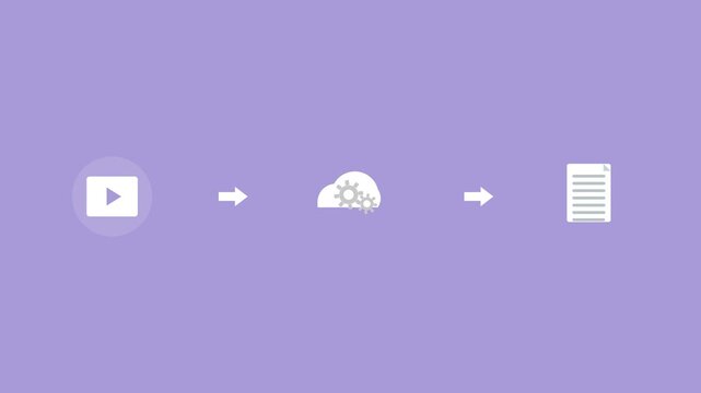 video processing pipeline with a video, a cloud with gears and a document connected by arrows, violet color scheme