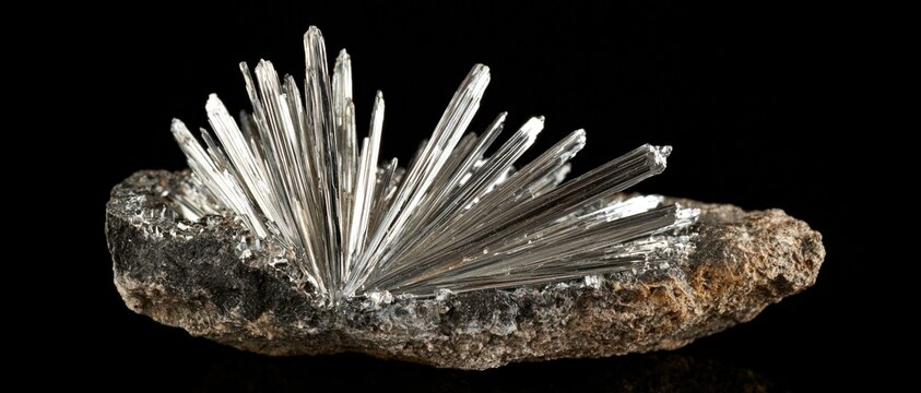 Stibnite crystal cluster on rock with sharp metallic silver needles and reflective mineral surfaces isolated against a black background.