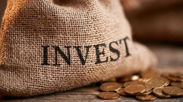 Close up of a burlap sack labeled invest resting on wooden surface surrounded by scattered gold coins