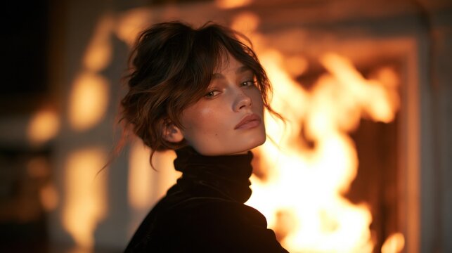 Portrait woman by fire, warm glow, soft light, moody room, dark turtleneck, brunette hair, close face, luxury home, elegant style.