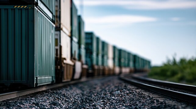 Long freight train carrying shipping containers moves along curved railway tracks through countryside under blue sky