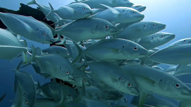 View of a large school of silver fish swimming through the deep sea, their scales shimmering in the clear blue water near Brooke's Point, Mimaropa, Philippines.