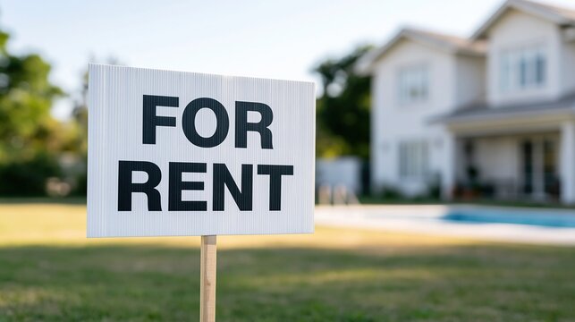 For rent sign standing on green lawn with blurred white house and swimming pool in background under bright sky