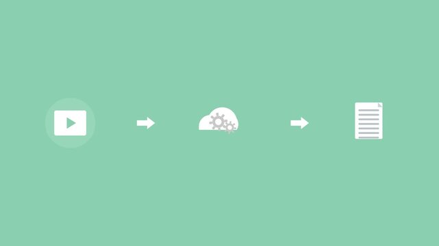 video processing pipeline with a video, a cloud with gears and a document connected by arrows, mint color scheme